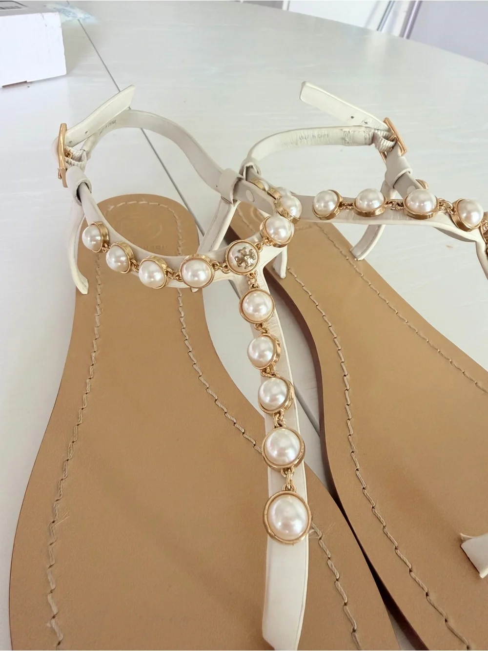Tory Burch Emma Sandals-White Pearl-Embellished T-Strap Sandals
